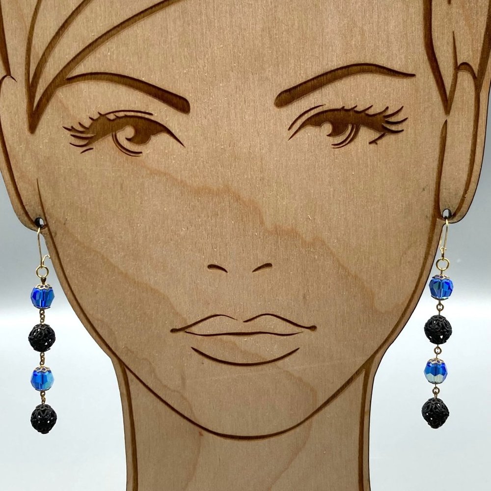 Vintage Black and Blue Dangle Earrings, Long Drop of Faceted Crystals and Filigr